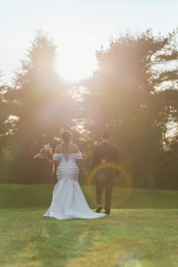 Bride and groom are turned with their backs to the camera, walking hand in hand into the sunset. The setting sun is adding a soft yellow glare to the photo